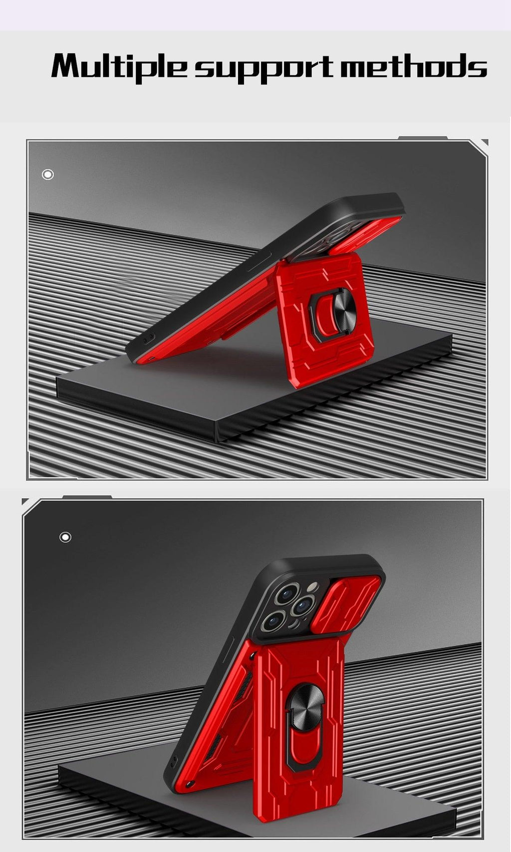 Coque de protection robuste avec porte-cartes pour iPhone 11 Pro 7 8 Plus Support de téléphone magnétique Protection d'objectif coulissant Emplacement pour cartes avec anneau rotatif Coque antichoc