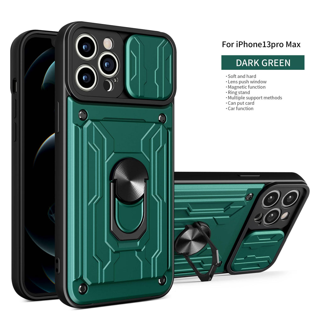 Coque de protection robuste avec porte-cartes pour iPhone 11 Pro 7 8 Plus Support de téléphone magnétique Protection d'objectif coulissant Emplacement pour cartes avec anneau rotatif Coque antichoc