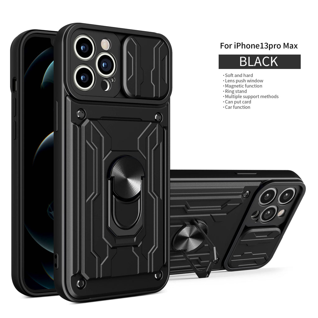 Coque de protection robuste avec porte-cartes pour iPhone 11 Pro 7 8 Plus Support de téléphone magnétique Protection d'objectif coulissant Emplacement pour cartes avec anneau rotatif Coque antichoc