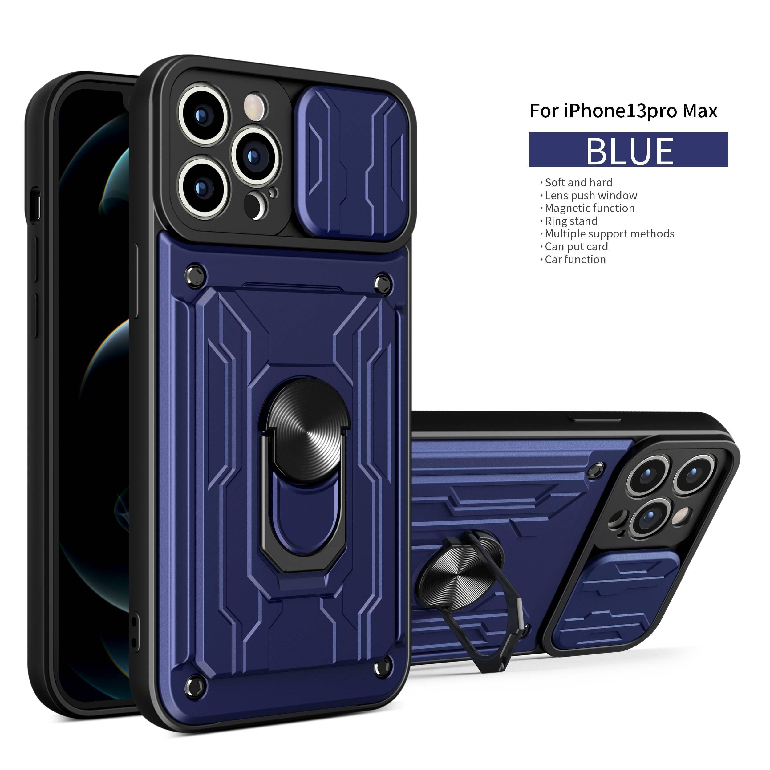 Coque de protection robuste avec porte-cartes pour iPhone 11 Pro 7 8 Plus Support de téléphone magnétique Protection d'objectif coulissant Emplacement pour cartes avec anneau rotatif Coque antichoc
