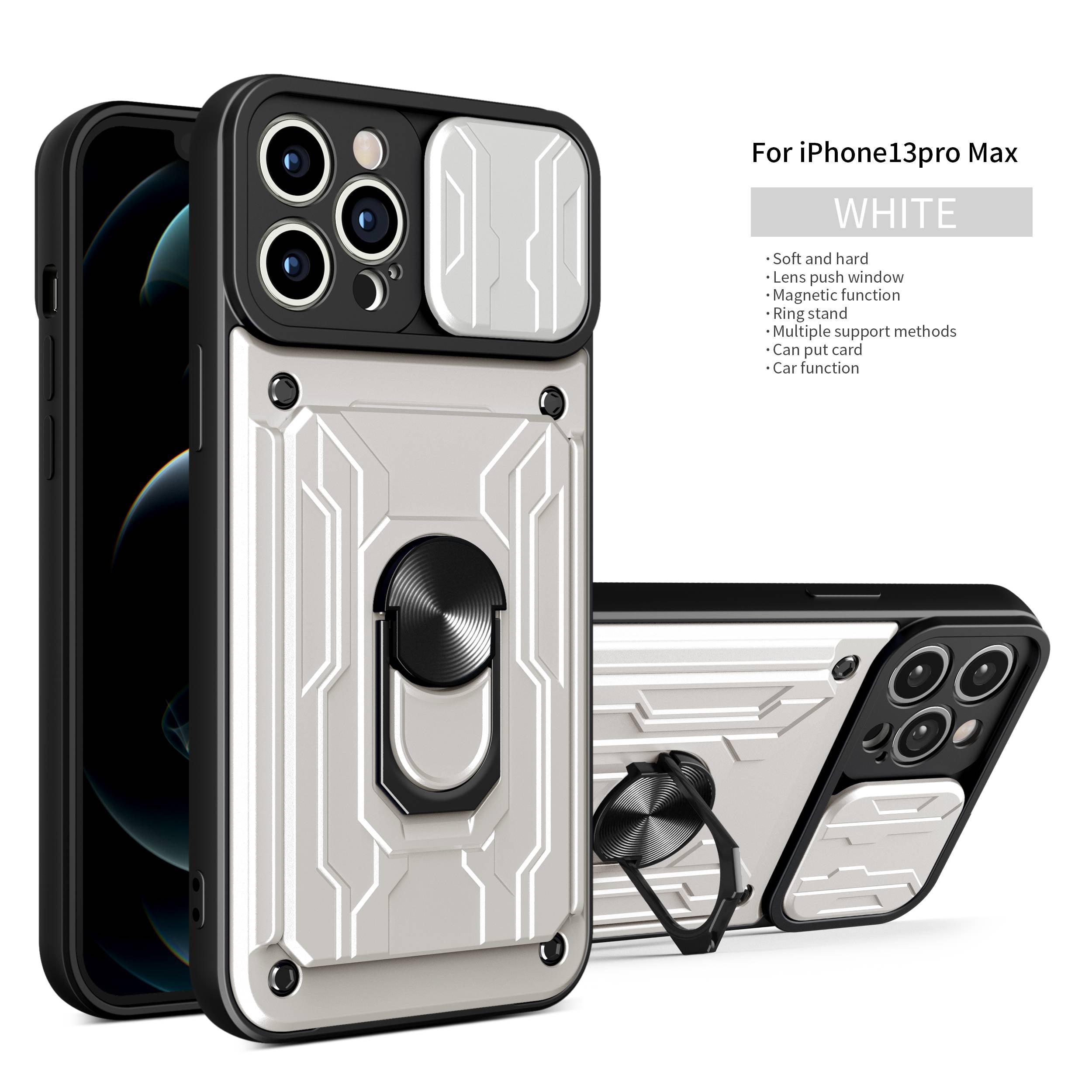 Coque de protection robuste avec porte-cartes pour iPhone 11 Pro 7 8 Plus Support de téléphone magnétique Protection d'objectif coulissant Emplacement pour cartes avec anneau rotatif Coque antichoc