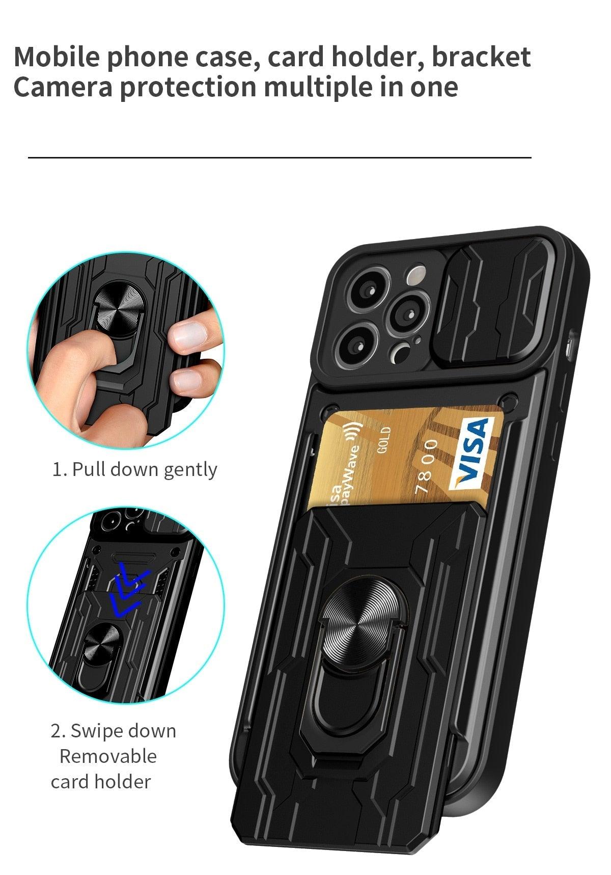 Coque de protection robuste avec porte-cartes pour iPhone 11 Pro 7 8 Plus Support de téléphone magnétique Protection d'objectif coulissant Emplacement pour cartes avec anneau rotatif Coque antichoc