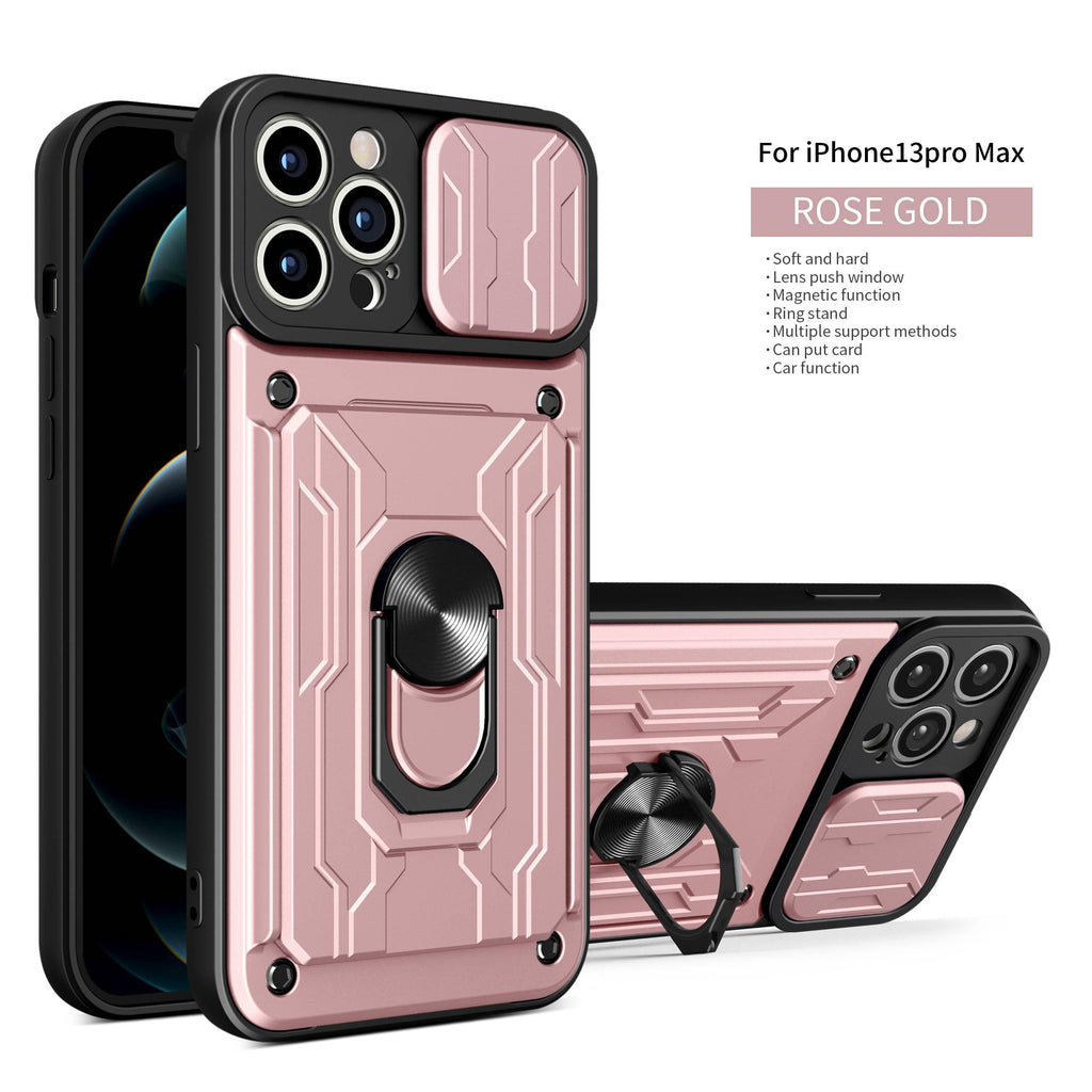 Coque de protection robuste avec porte-cartes pour iPhone 11 Pro 7 8 Plus Support de téléphone magnétique Protection d'objectif coulissant Emplacement pour cartes avec anneau rotatif Coque antichoc