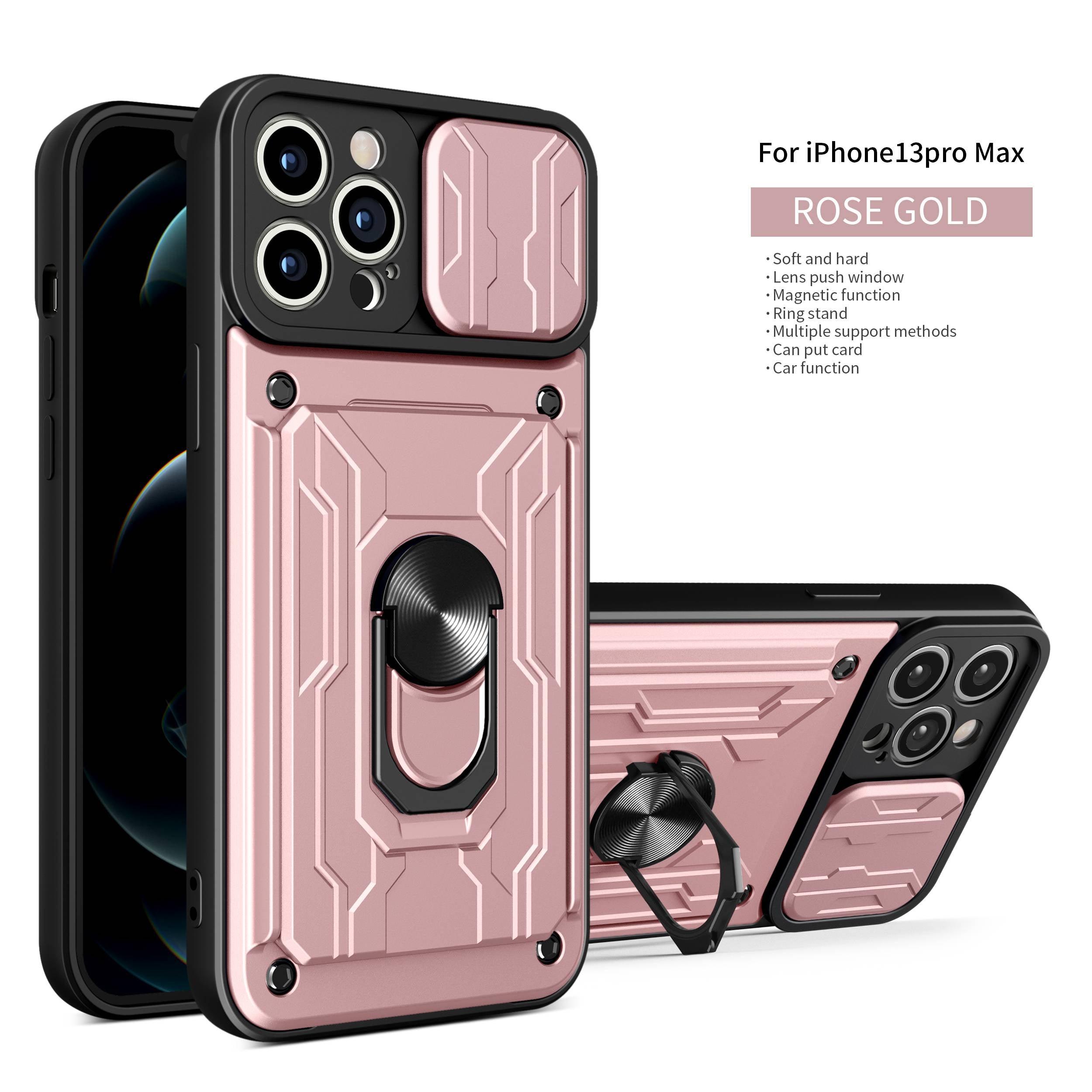 Coque de protection robuste avec porte-cartes pour iPhone 11 Pro 7 8 Plus Support de téléphone magnétique Protection d'objectif coulissant Emplacement pour cartes avec anneau rotatif Coque antichoc
