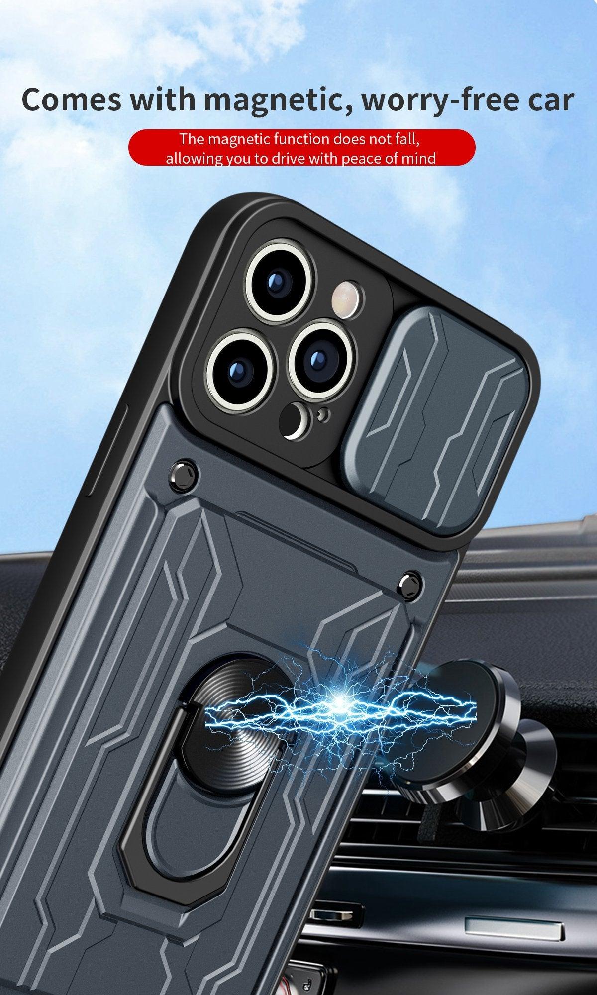 Coque de protection robuste avec porte-cartes pour iPhone 11 Pro 7 8 Plus Support de téléphone magnétique Protection d'objectif coulissant Emplacement pour cartes avec anneau rotatif Coque antichoc