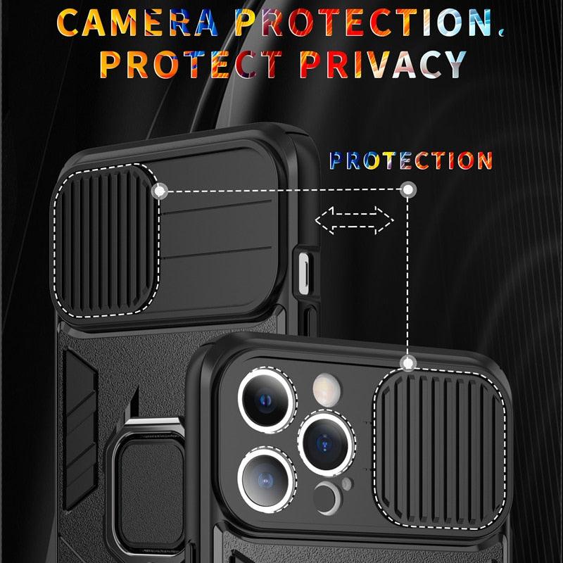 Coque de téléphone de protection robuste avec anneau rotatif intégré Support Béquille Coque antichoc Protection d'appareil photo Coque de téléphone Armor pour iPhone 13 Pro Max 12 11 XR XS Max Coque arrière antichoc avec support d'anneau