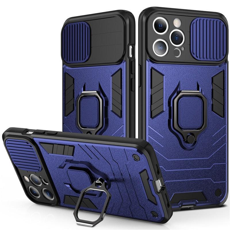 Coque de téléphone de protection robuste avec anneau rotatif intégré Support Béquille Coque antichoc Protection d'appareil photo Coque de téléphone Armor pour iPhone 13 Pro Max 12 11 XR XS Max Coque arrière antichoc avec support d'anneau