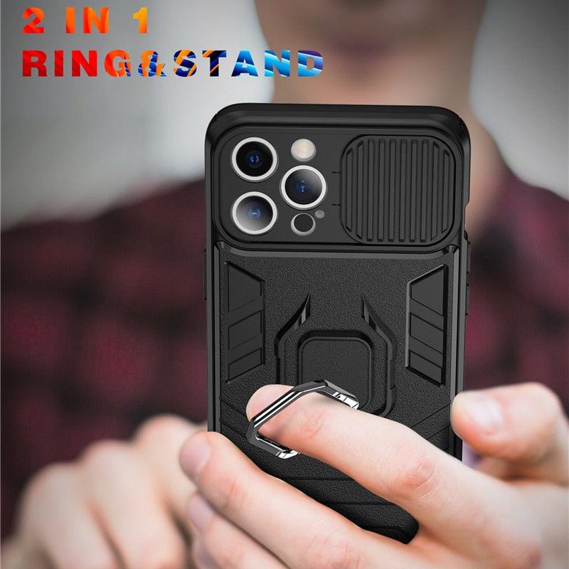 Coque de téléphone de protection robuste avec anneau rotatif intégré Support Béquille Coque antichoc Protection d'appareil photo Coque de téléphone Armor pour iPhone 13 Pro Max 12 11 XR XS Max Coque arrière antichoc avec support d'anneau