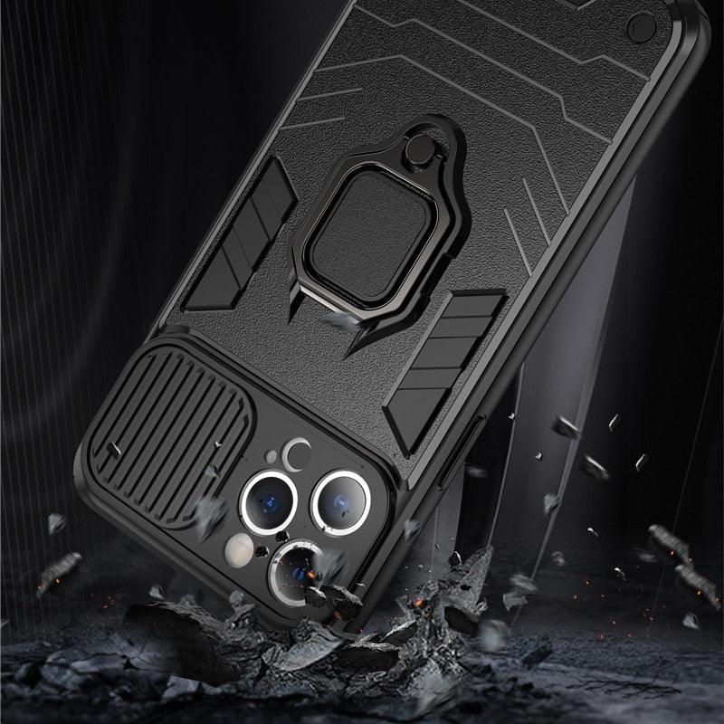 Coque de téléphone de protection robuste avec anneau rotatif intégré Support Béquille Coque antichoc Protection d'appareil photo Coque de téléphone Armor pour iPhone 13 Pro Max 12 11 XR XS Max Coque arrière antichoc avec support d'anneau