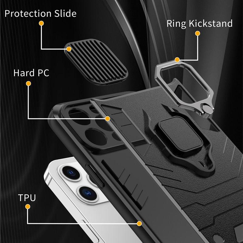 Coque de téléphone de protection robuste avec anneau rotatif intégré Support Béquille Coque antichoc Protection d'appareil photo Coque de téléphone Armor pour iPhone 13 Pro Max 12 11 XR XS Max Coque arrière antichoc avec support d'anneau