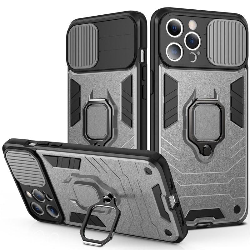 Coque de téléphone de protection robuste avec anneau rotatif intégré Support Béquille Coque antichoc Protection d'appareil photo Coque de téléphone Armor pour iPhone 13 Pro Max 12 11 XR XS Max Coque arrière antichoc avec support d'anneau