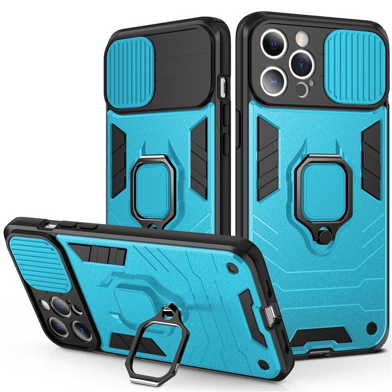 Coque de téléphone de protection robuste avec anneau rotatif intégré Support Béquille Coque antichoc Protection d'appareil photo Coque de téléphone Armor pour iPhone 13 Pro Max 12 11 XR XS Max Coque arrière antichoc avec support d'anneau