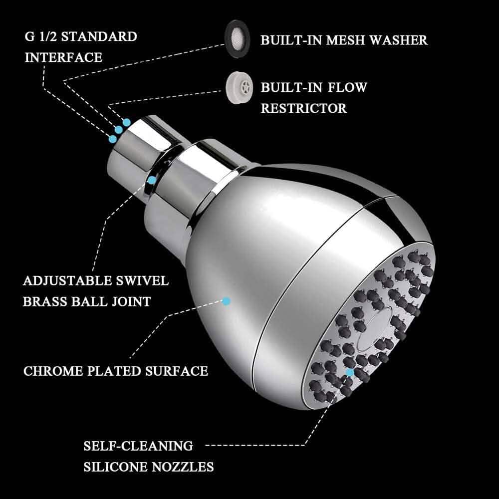 Pommeau de douche haute pression 3" anti-bouchon anti-fuite fixe avec rotule pivotante réglable en laiton