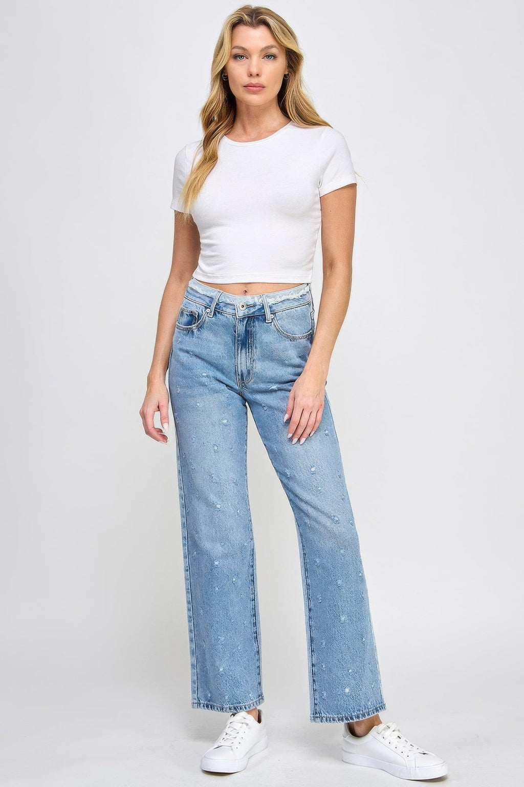Jean papa taille haute avec taille à franges