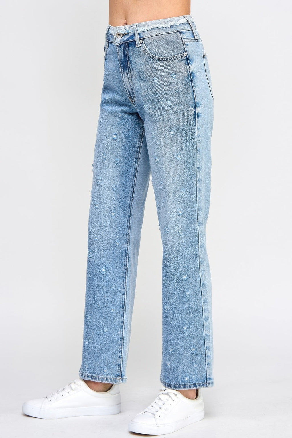 Jean papa taille haute avec taille à franges