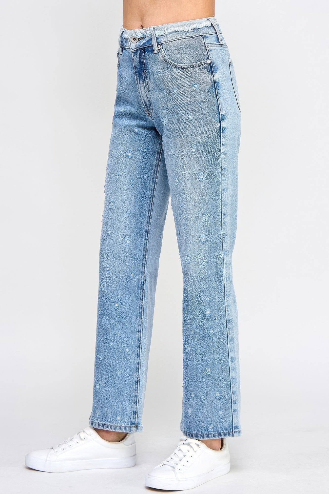 Jean papa taille haute avec taille à franges