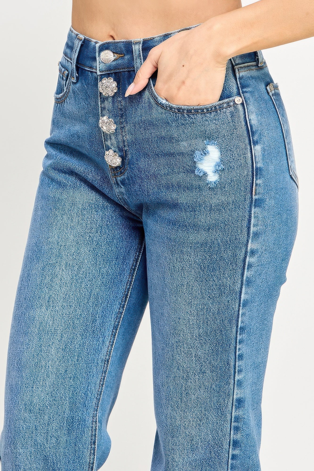 Jean papa taille haute avec taille à franges