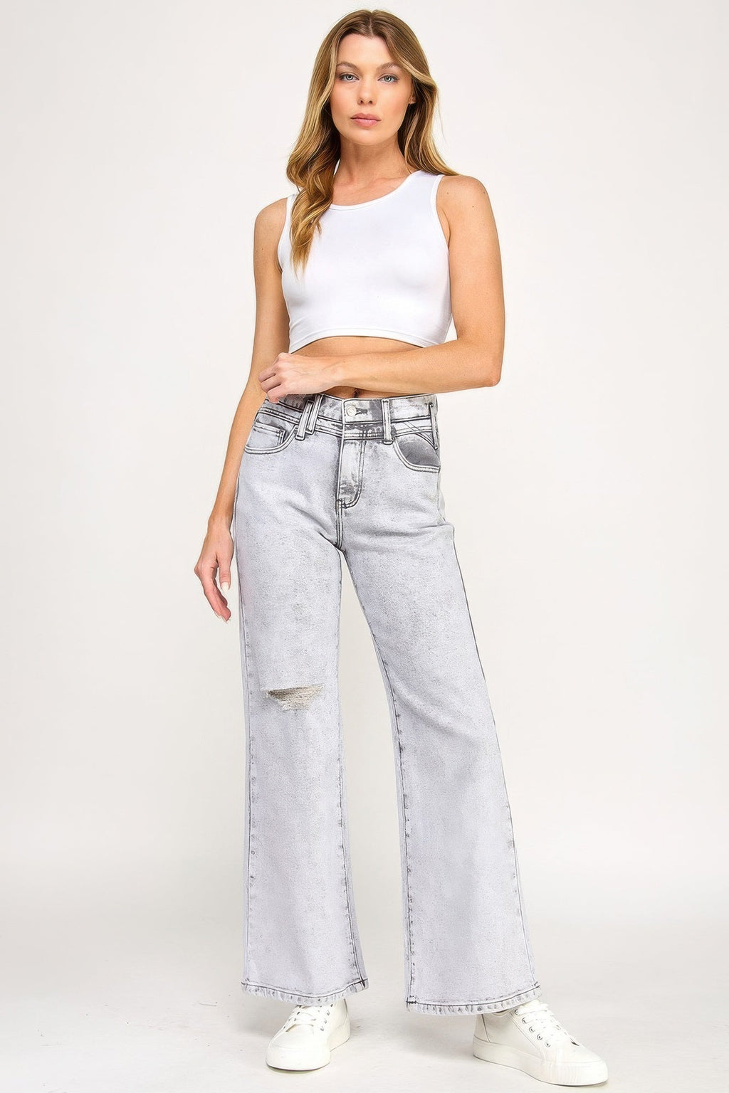 Jean large taille haute gris délavé