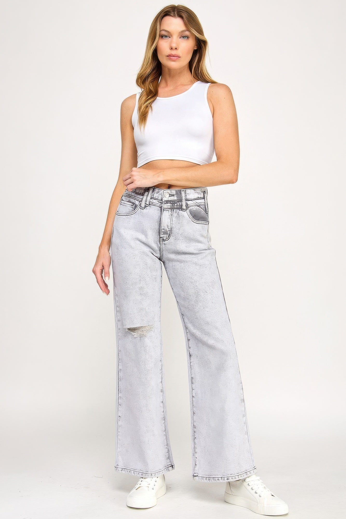 Jean large taille haute gris délavé