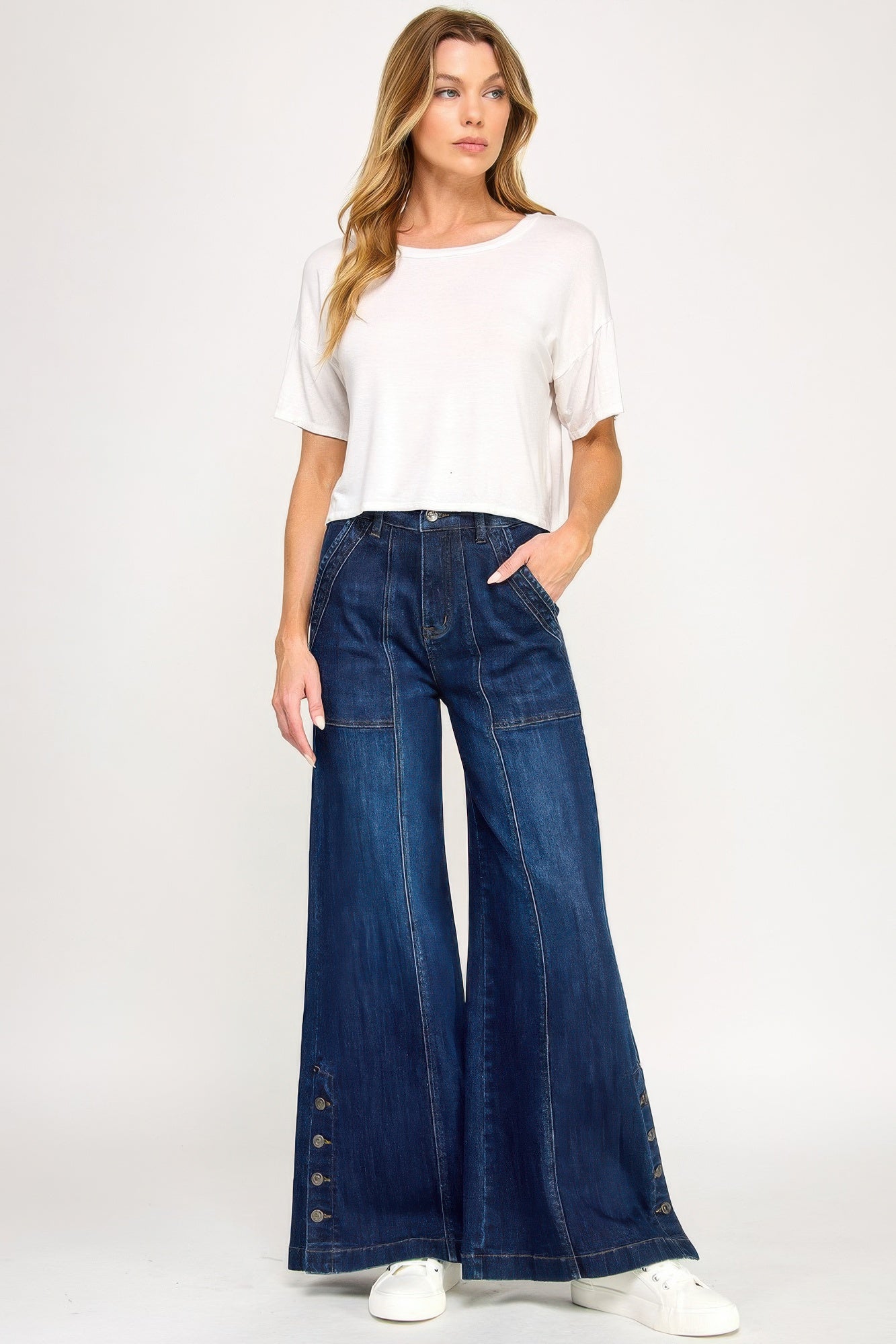 Taille Haute Jambe Large Fendue Boutonnée