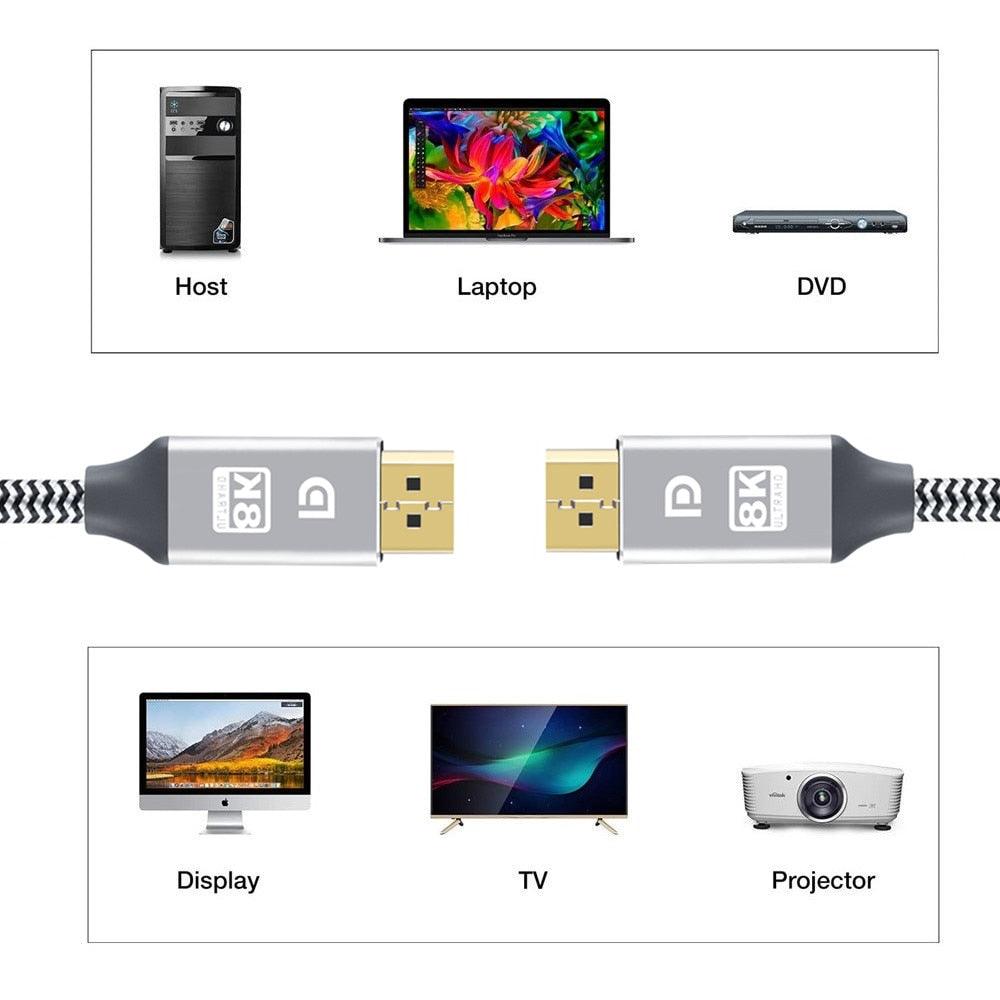 Câble DP TV DisplayPort Grande Vitesse Audio Vidéo 8K Compatible PC et Ordinateur Portable Projecteur Portable DP1.2 DP1.4 Câble Léger
