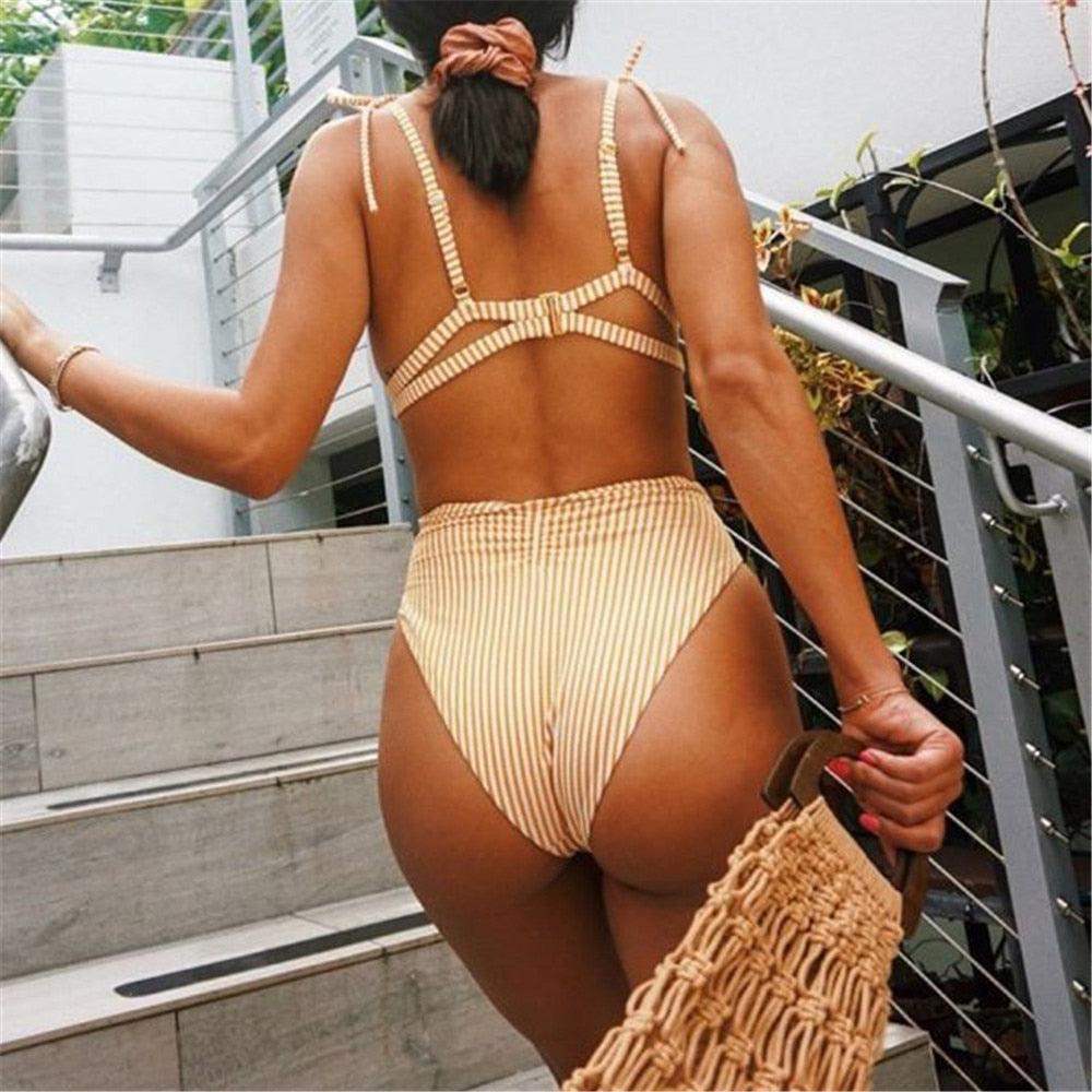 Ensemble bikini taille haute avec ceinture, maillot de bain rayé, bandeau noué devant, vêtements de plage pour femmes, maillot de bain, ensemble bikini rayé push-up amovible et rembourré, maillot de bain deux pièces