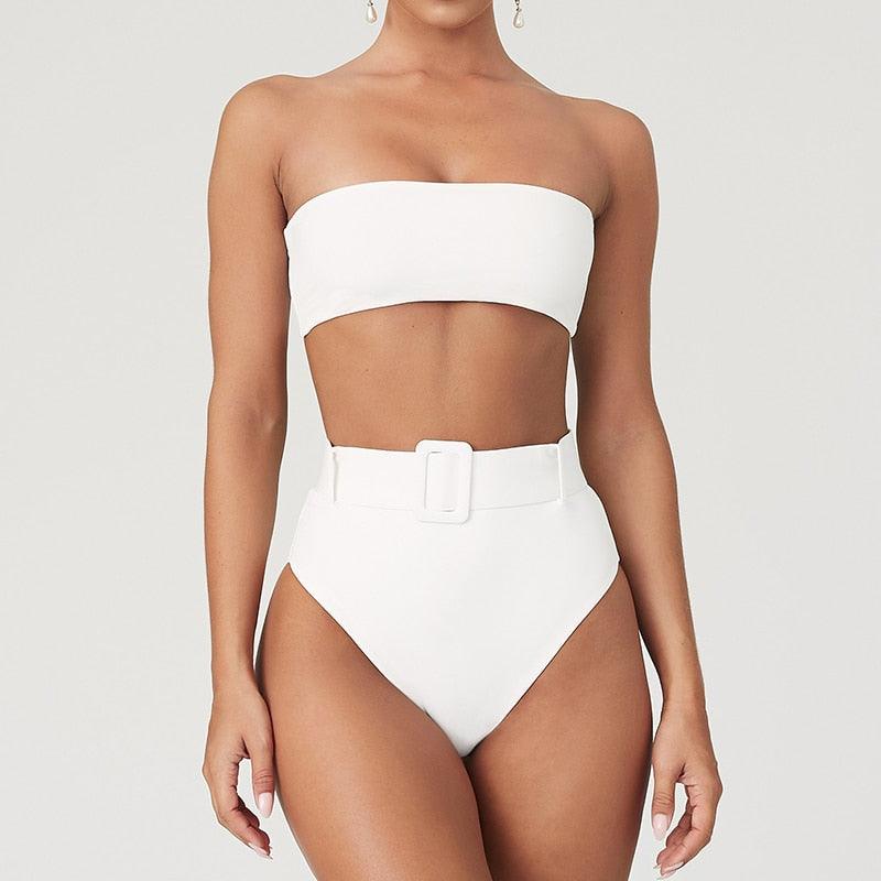 Maillot de Bain Femme Taille Haute Bikini Noir Maillot de Bain Femme Maillot de Bain Jambe Haute Ensemble Bikini Femme Taille Haute Bandeau Bikini sans Bretelles 2 Pièces Maillots de Bain Attachés Maillots de Bain pour Femme
