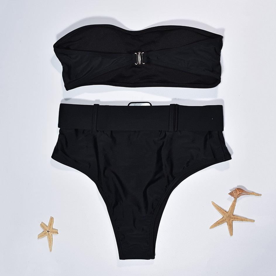 Maillot de Bain Femme Taille Haute Bikini Noir Maillot de Bain Femme Maillot de Bain Jambe Haute Ensemble Bikini Femme Taille Haute Bandeau Bikini sans Bretelles 2 Pièces Maillots de Bain Attachés Maillots de Bain pour Femme