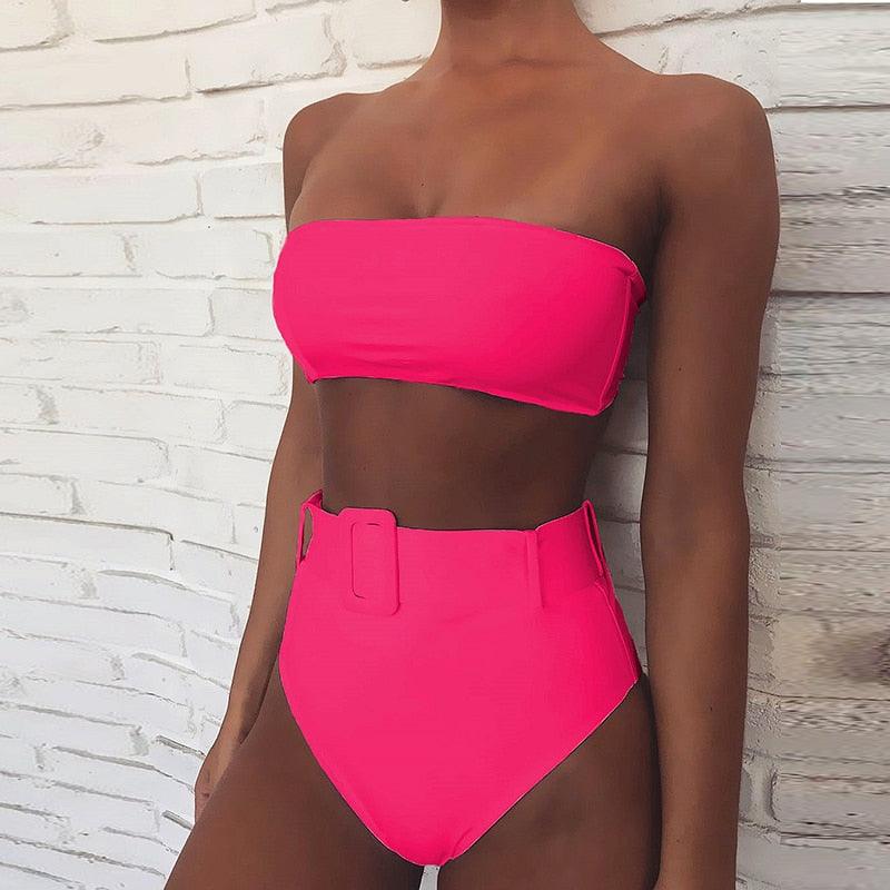 Maillot de Bain Femme Taille Haute Bikini Noir Maillot de Bain Femme Maillot de Bain Jambe Haute Ensemble Bikini Femme Taille Haute Bandeau Bikini sans Bretelles 2 Pièces Maillots de Bain Attachés Maillots de Bain pour Femme