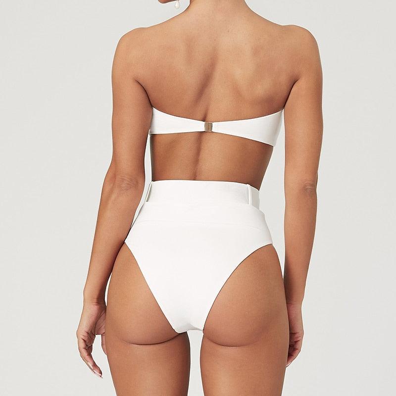 Maillot de Bain Femme Taille Haute Bikini Noir Maillot de Bain Femme Maillot de Bain Jambe Haute Ensemble Bikini Femme Taille Haute Bandeau Bikini sans Bretelles 2 Pièces Maillots de Bain Attachés Maillots de Bain pour Femme