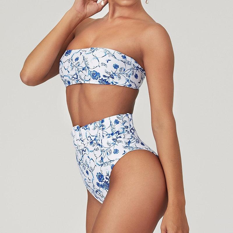 Maillot de Bain Femme Taille Haute Bikini Noir Maillot de Bain Femme Maillot de Bain Jambe Haute Ensemble Bikini Femme Taille Haute Bandeau Bikini sans Bretelles 2 Pièces Maillots de Bain Attachés Maillots de Bain pour Femme