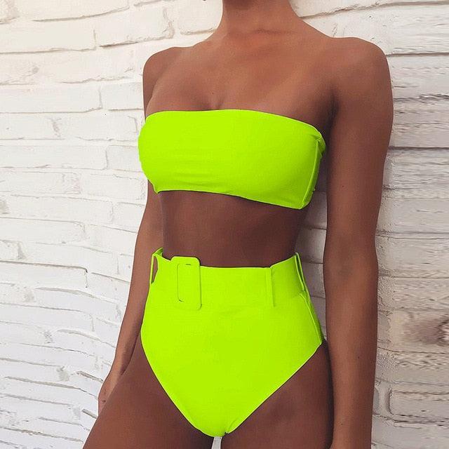 Maillot de Bain Femme Taille Haute Bikini Noir Maillot de Bain Femme Maillot de Bain Jambe Haute Ensemble Bikini Femme Taille Haute Bandeau Bikini sans Bretelles 2 Pièces Maillots de Bain Attachés Maillots de Bain pour Femme