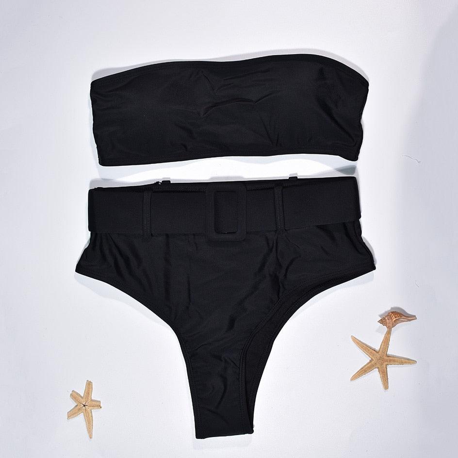 Maillot de Bain Femme Taille Haute Bikini Noir Maillot de Bain Femme Maillot de Bain Jambe Haute Ensemble Bikini Femme Taille Haute Bandeau Bikini sans Bretelles 2 Pièces Maillots de Bain Attachés Maillots de Bain pour Femme