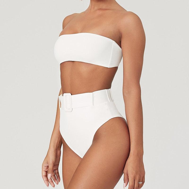 Maillot de Bain Femme Taille Haute Bikini Noir Maillot de Bain Femme Maillot de Bain Jambe Haute Ensemble Bikini Femme Taille Haute Bandeau Bikini sans Bretelles 2 Pièces Maillots de Bain Attachés Maillots de Bain pour Femme