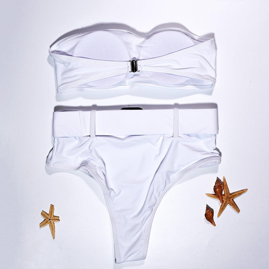 Maillot de Bain Femme Taille Haute Bikini Noir Maillot de Bain Femme Maillot de Bain Jambe Haute Ensemble Bikini Femme Taille Haute Bandeau Bikini sans Bretelles 2 Pièces Maillots de Bain Attachés Maillots de Bain pour Femme