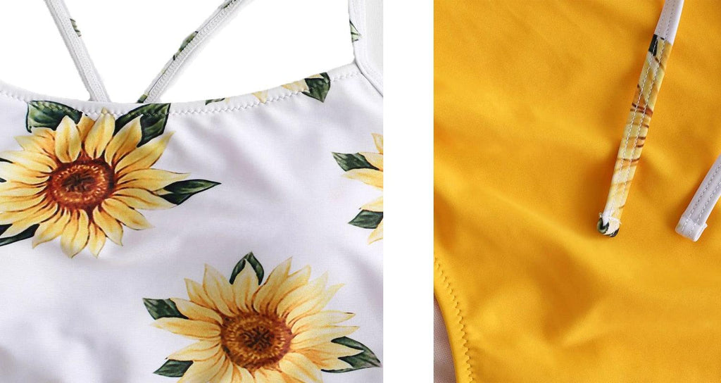 Maillot de bain bikini taille haute tournesol, maillot de bain floral pour femme, haut court floral avec nœud avant, ensemble bikini taille haute deux pièces pour femme, maillot de bain taille haute d'été