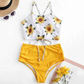 Maillot de bain bikini taille haute tournesol, maillot de bain floral pour femme, haut court floral avec nœud avant, ensemble bikini taille haute deux pièces pour femme, maillot de bain taille haute d'été
