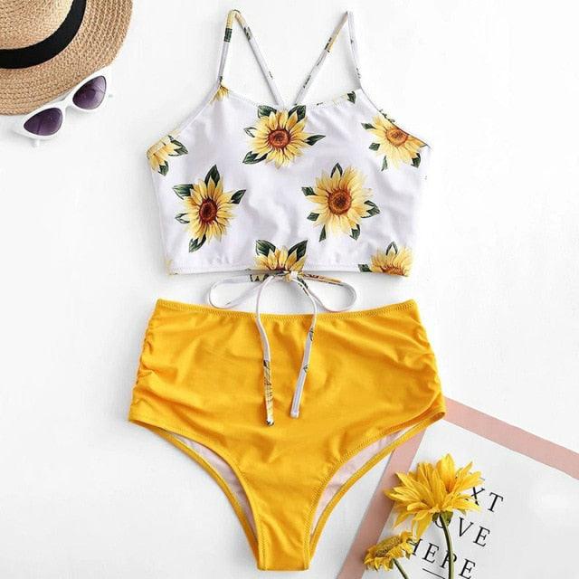 Maillot de bain bikini taille haute tournesol, maillot de bain floral pour femme, haut court floral avec nœud avant, ensemble bikini taille haute deux pièces pour femme, maillot de bain taille haute d'été