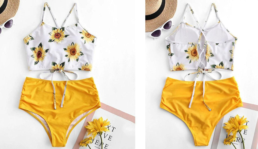 Maillot de bain bikini taille haute tournesol, maillot de bain floral pour femme, haut court floral avec nœud avant, ensemble bikini taille haute deux pièces pour femme, maillot de bain taille haute d'été