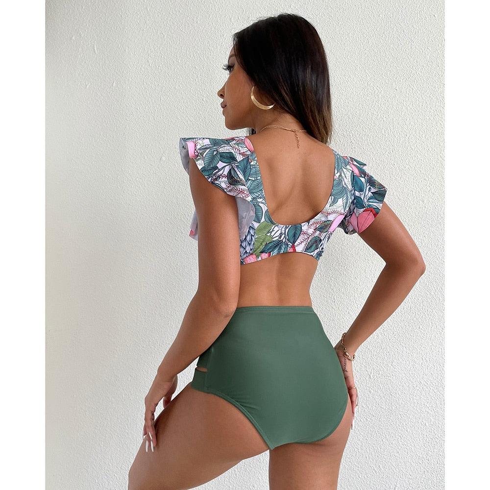 Maillot de bain bikini taille haute à volants pour femme, imprimé, maillot de bain push-up, grandes tailles, maillot de bain de plage floral, bikinis pour adolescentes