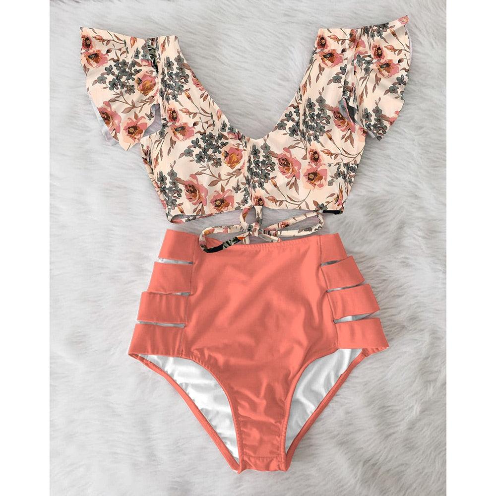 Maillot de bain bikini taille haute à volants pour femme, imprimé, maillot de bain push-up, grandes tailles, maillot de bain de plage floral, bikinis pour adolescentes