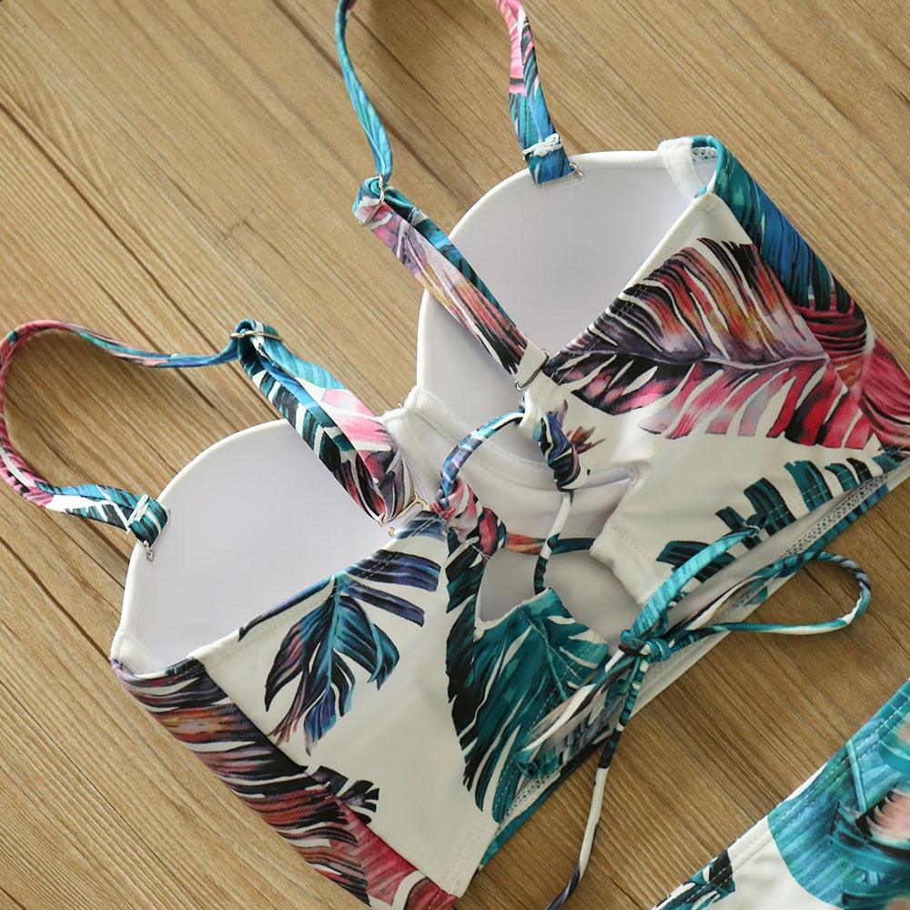 Ensemble de bikini taille haute Push Up Bandage Maillot de bain Deux Pièces Maillot de bain Bretelles Femmes Ensemble de bikini taille haute Athlétique Deux Pièces Maillot de bain sportif Col rond Pour adolescentes avec short
