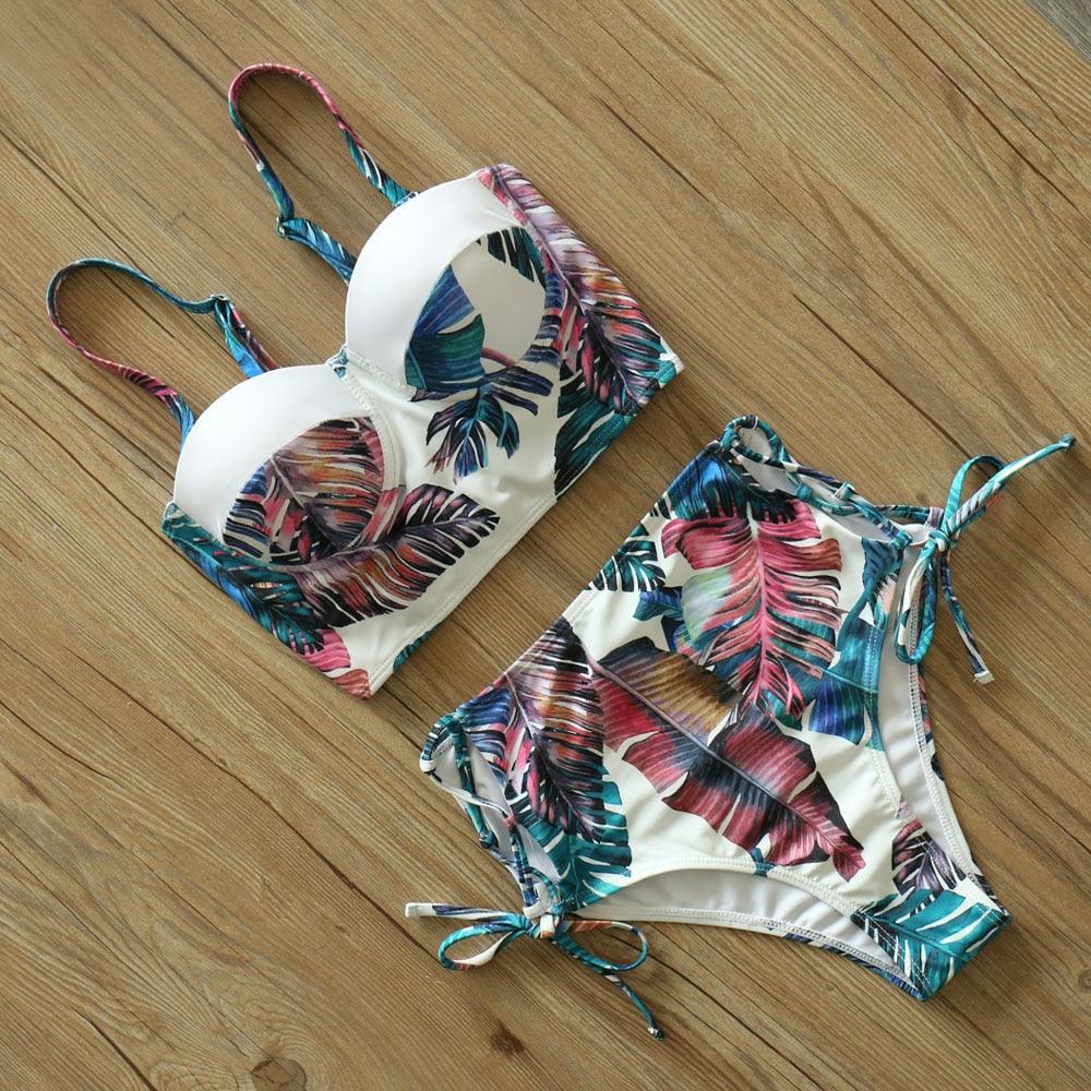 Ensemble de bikini taille haute Push Up Bandage Maillot de bain Deux Pièces Maillot de bain Bretelles Femmes Ensemble de bikini taille haute Athlétique Deux Pièces Maillot de bain sportif Col rond Pour adolescentes avec short