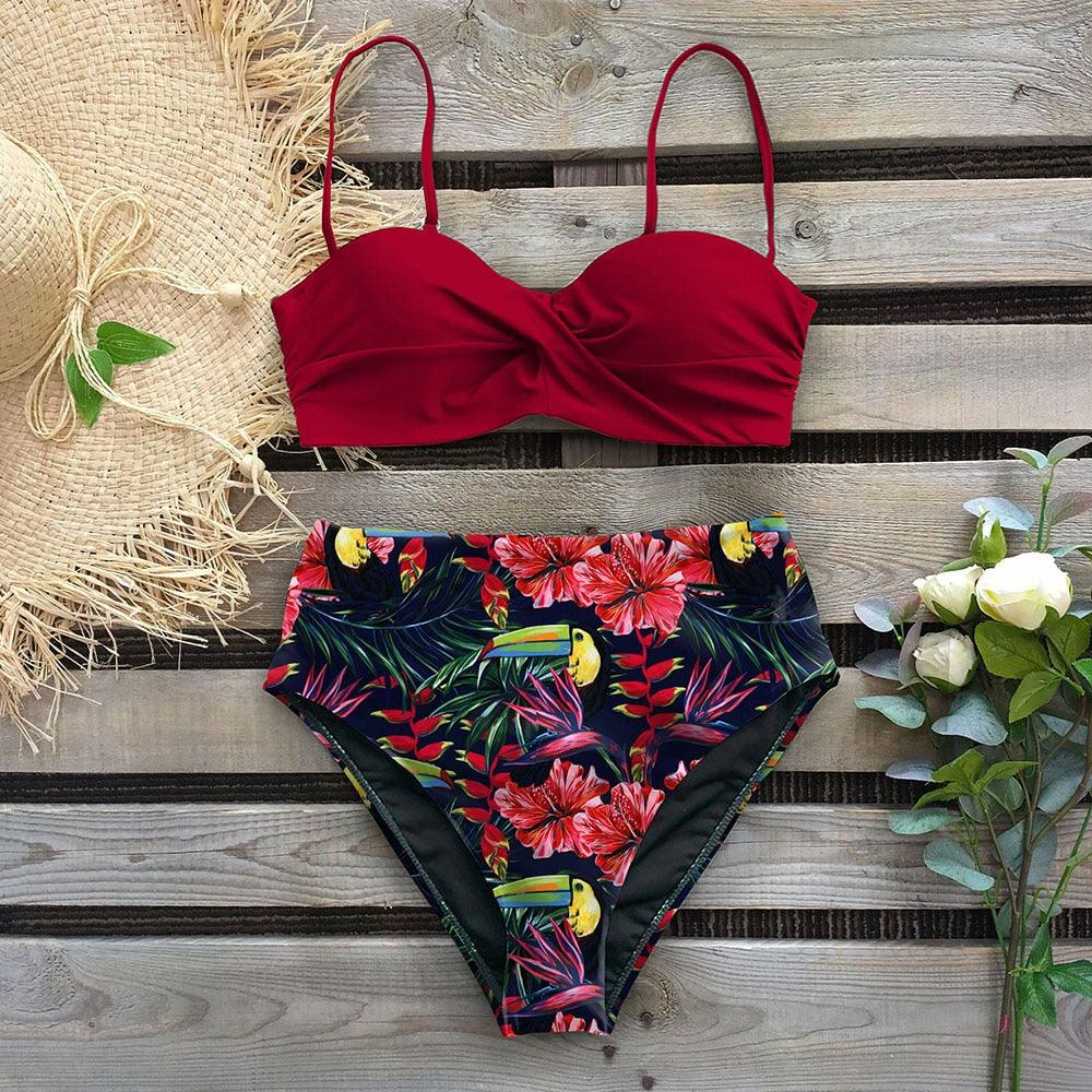 Ensemble bikini taille haute femme Bikini floral Maillot de bain femme Bikini taille haute Dos nu Maillot de bain deux pièces Gainant Maillot de bain push-up Maillot de bain vintage à col licou Femme Maillot de bain vert