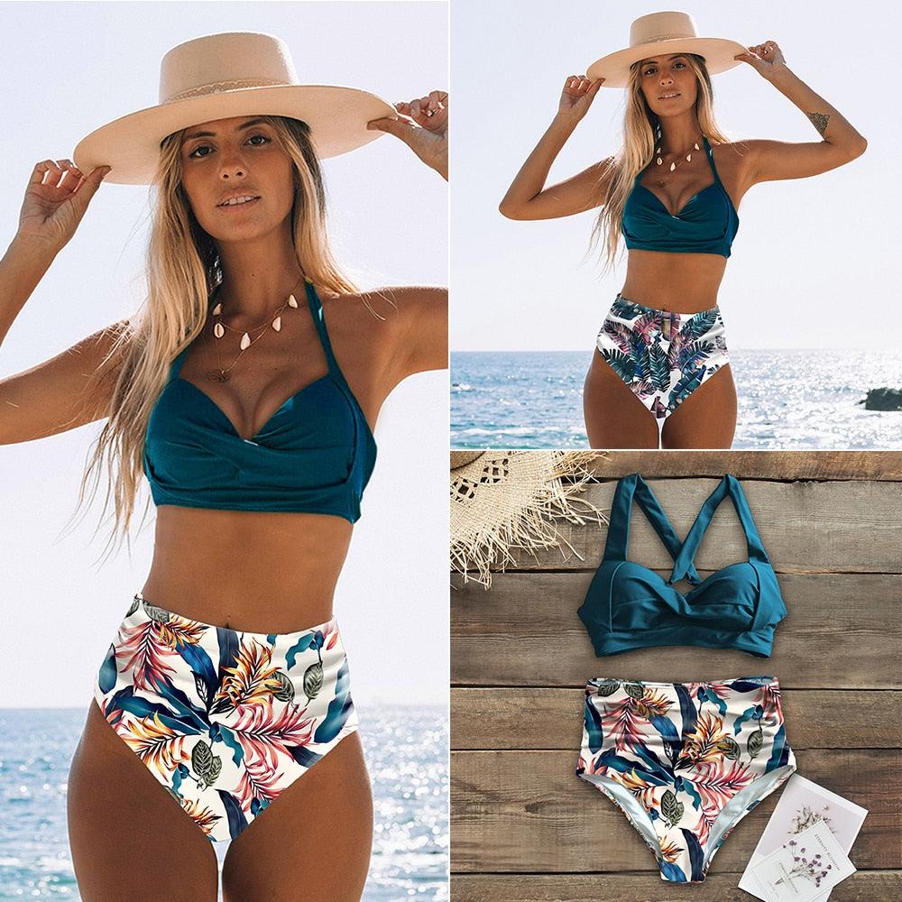 Maillots de bain taille haute, nouveau maillot de bain licou pour femme, ensemble bikini femme imprimé, maillot de bain d'été deux pièces pour femme, maillots de bain taille haute avec bas de bikini à licou et à enrouler.