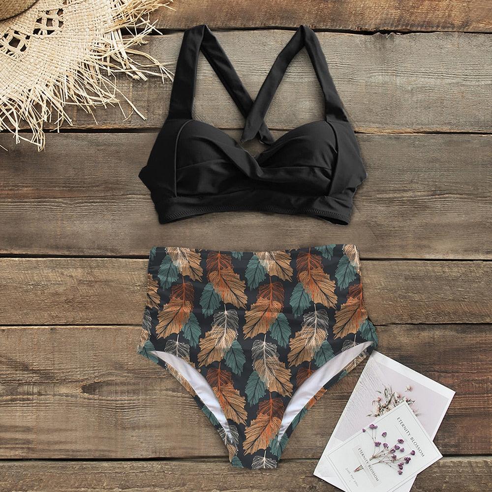 Maillots de bain taille haute, nouveau maillot de bain licou pour femme, ensemble bikini femme imprimé, maillot de bain d'été deux pièces pour femme, maillots de bain taille haute avec bas de bikini à licou et à enrouler.