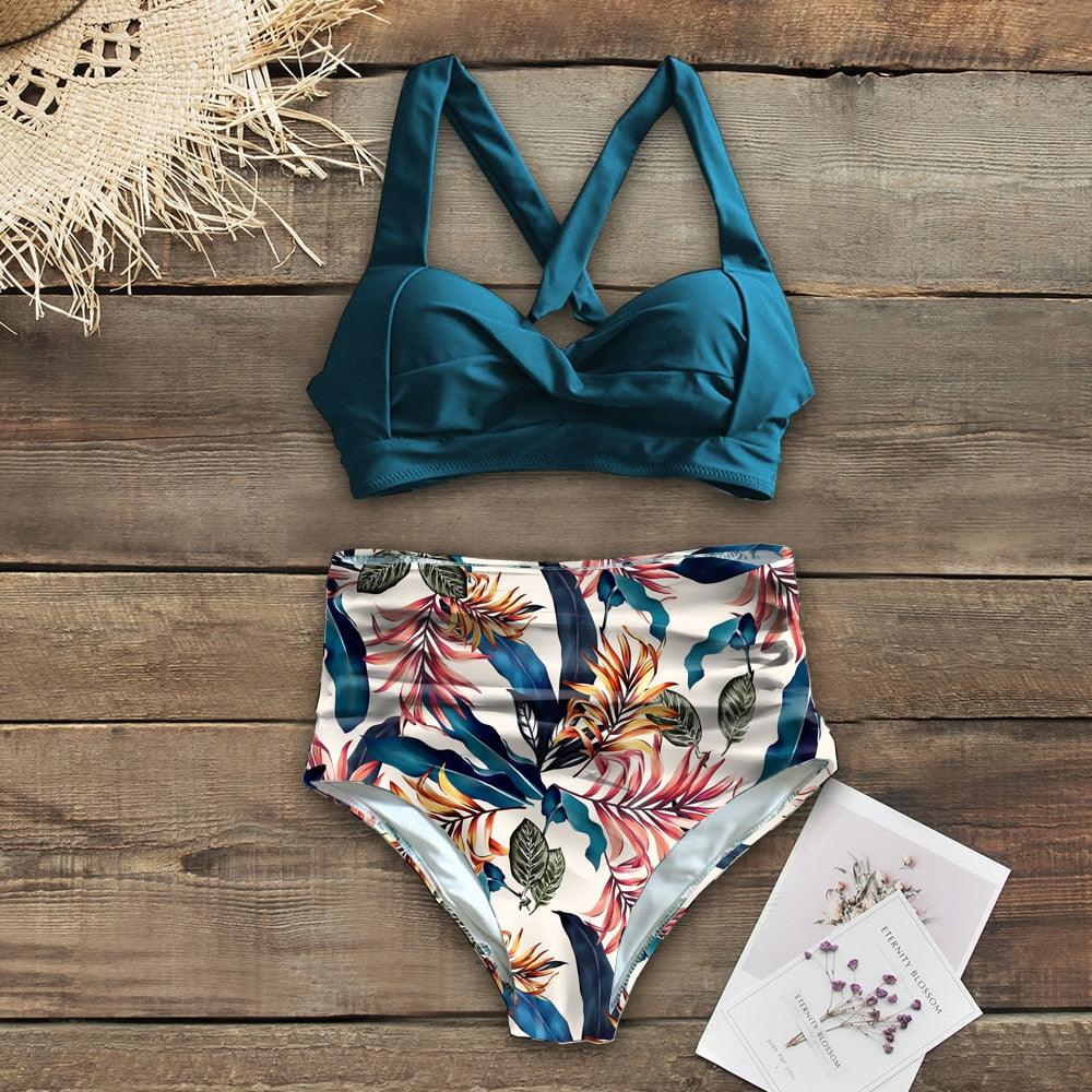 Maillots de bain taille haute, nouveau maillot de bain licou pour femme, ensemble bikini femme imprimé, maillot de bain d'été deux pièces pour femme, maillots de bain taille haute avec bas de bikini à licou et à enrouler.