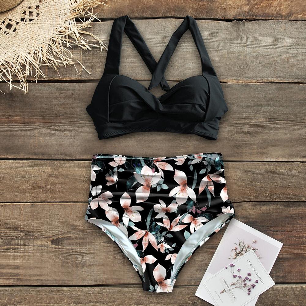 Maillots de bain taille haute, nouveau maillot de bain licou pour femme, ensemble bikini femme imprimé, maillot de bain d'été deux pièces pour femme, maillots de bain taille haute avec bas de bikini à licou et à enrouler.