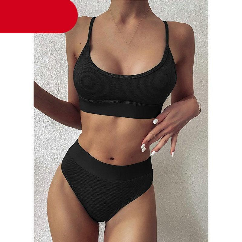 Maillots de bain côtelés taille haute pour femmes, bikinis push-up pour femmes, maillots de bain à col dégagé pour femmes, ensembles de bikinis taille haute 2 pièces, maillots de bain à bretelles unies, ensemble pour femmes