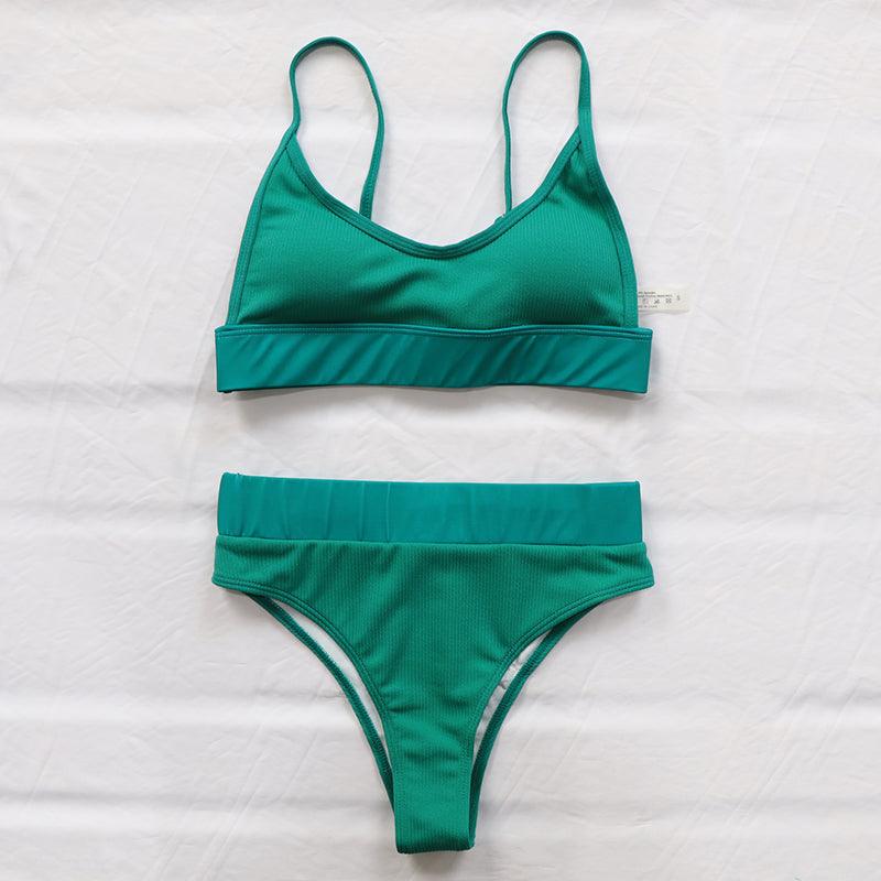 Maillots de bain côtelés taille haute pour femmes, bikinis push-up pour femmes, maillots de bain à col dégagé pour femmes, ensembles de bikinis taille haute 2 pièces, maillots de bain à bretelles unies, ensemble pour femmes